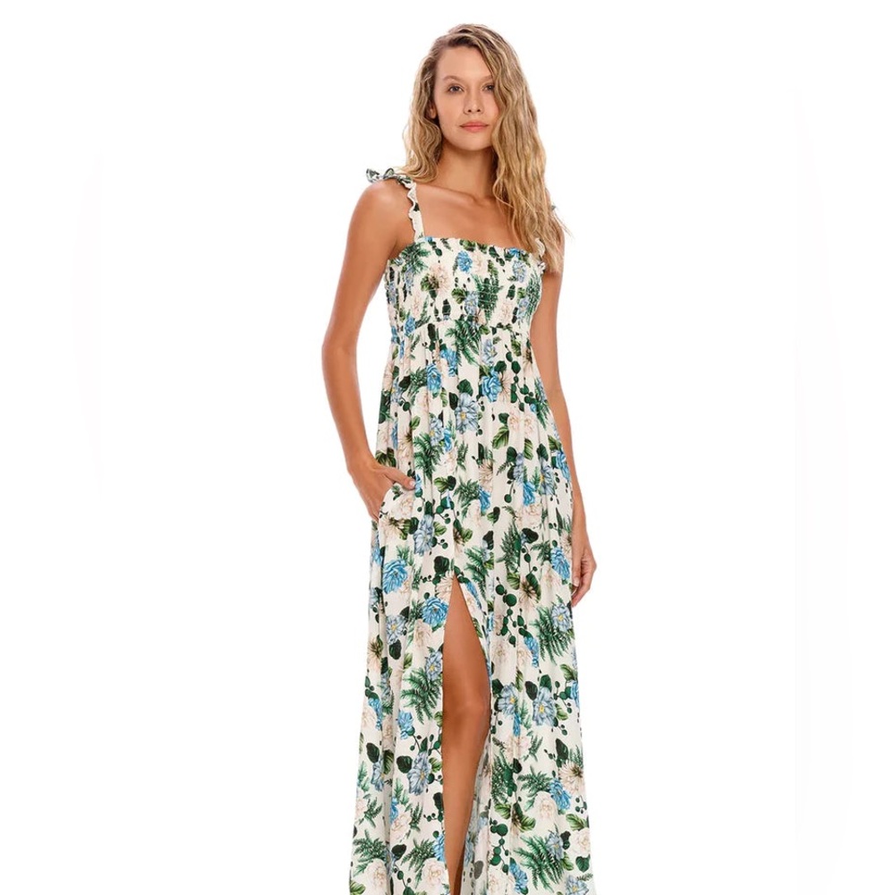 Floral Smocked Maxi Dress with Front Slit - White Green Blue